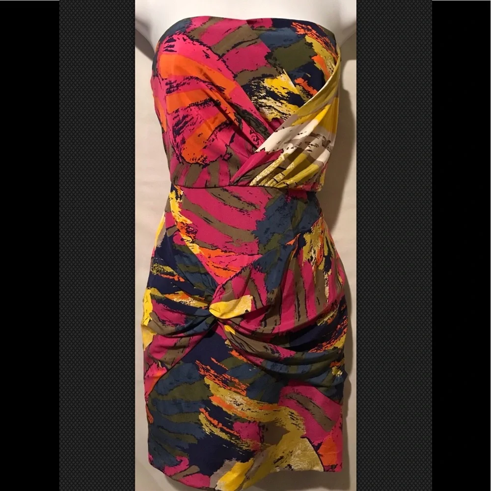 TIBI Strapless Dress Sergenti 100% Silk Twisted Colorful Mini Fitted Red Yellow